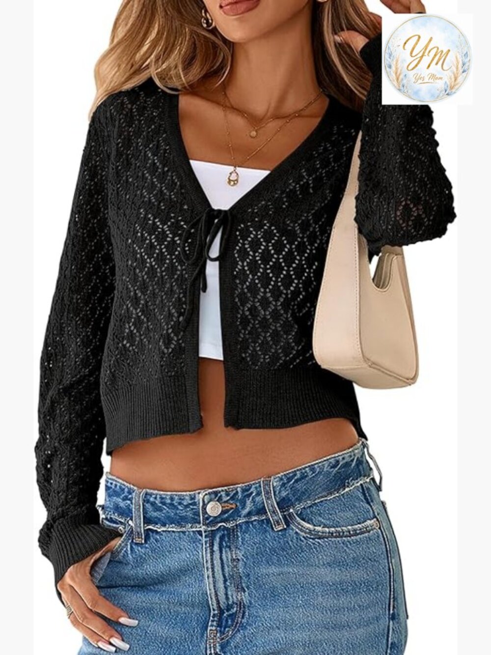 Crochet Cardigan Tie Front Shrug Long Sleeve Knit Crop Tops Boho Casual Layering